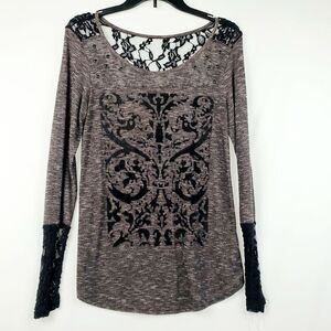 M+ Maurices SMALL Grey Black Lace LS BLOUSE TOP